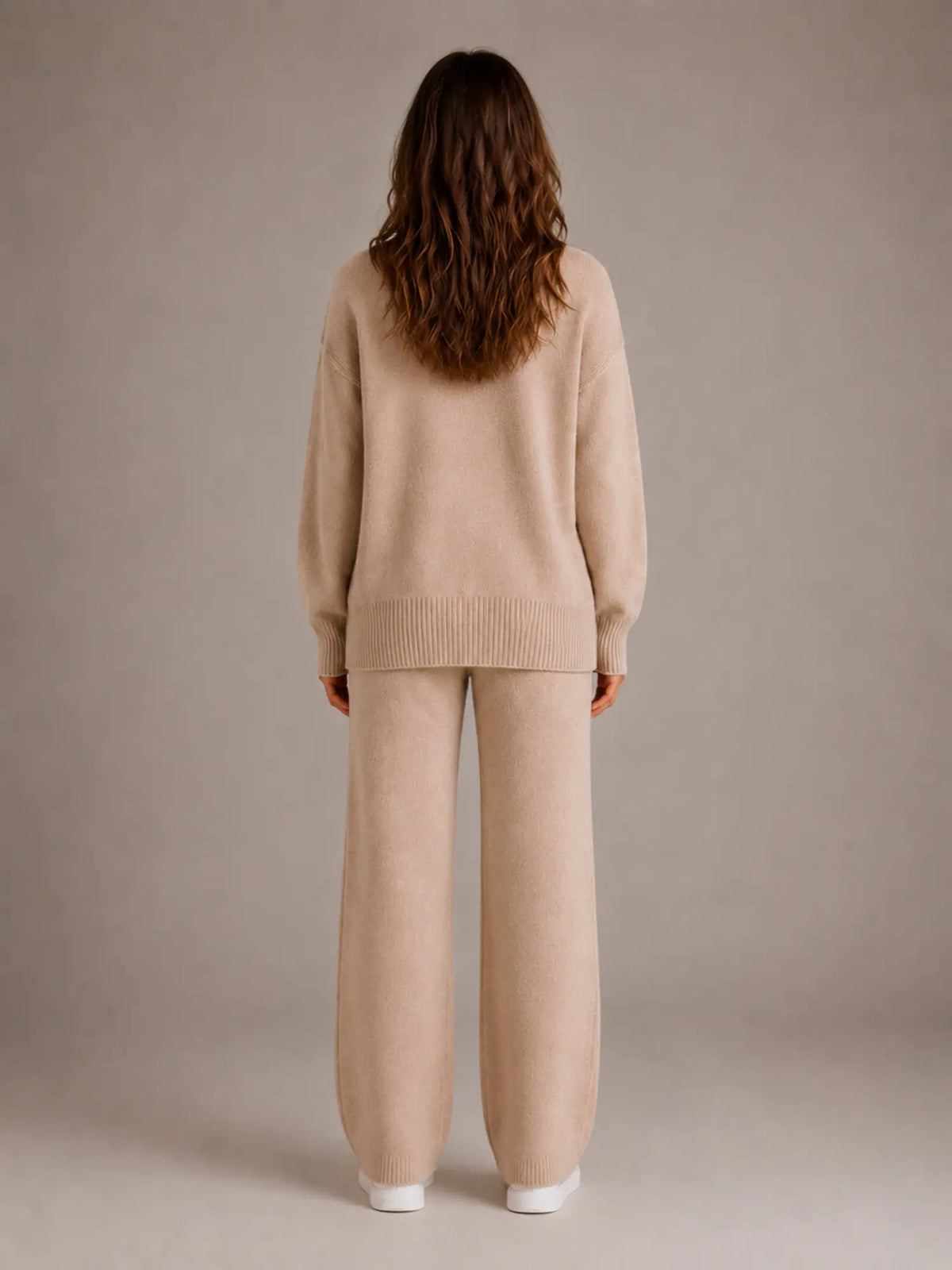 Women's Oversized Lounge Set – Roll Neck & Wide Leg in Khaki – Back view