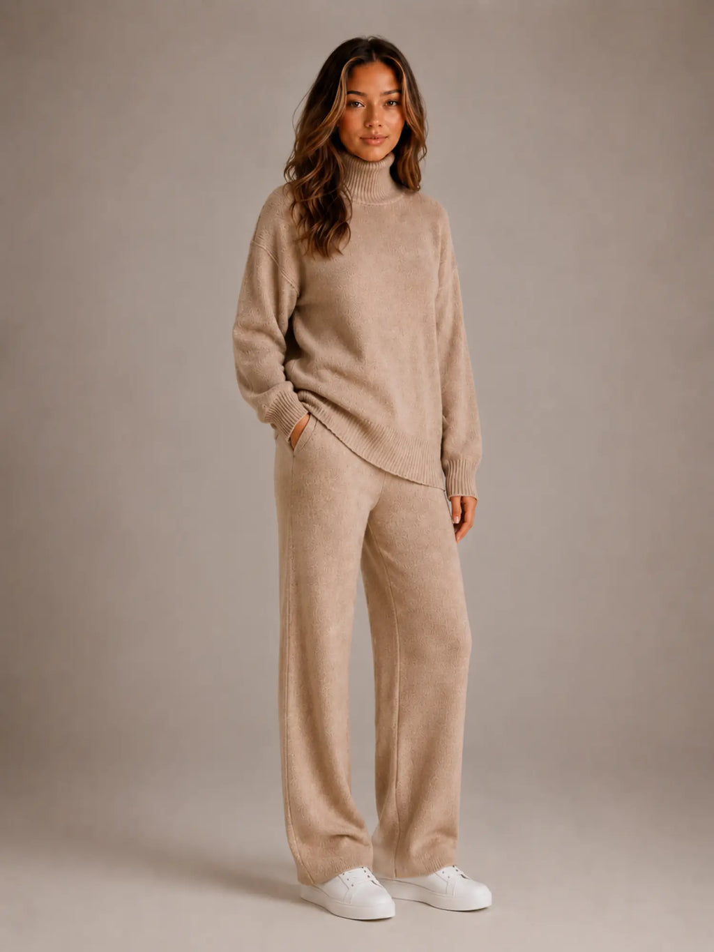 Women's Oversized Lounge Set – Roll Neck & Wide Leg in Khaki – Hover view