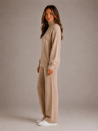 Women's Oversized Lounge Set – Roll Neck & Wide Leg in Khaki – Side view