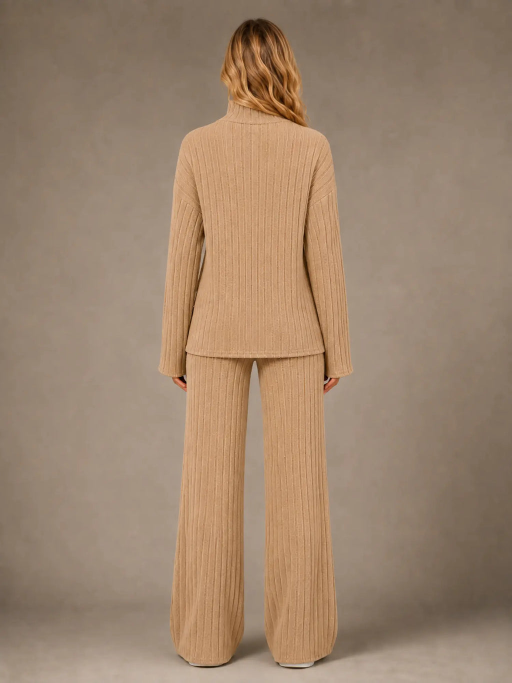 Women's Ribbed Lounge Set – Roll Neck & Wide Leg in Beige – Back view