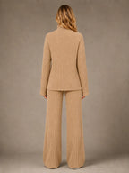 Women's Ribbed Lounge Set – Roll Neck & Wide Leg in Beige – Back view