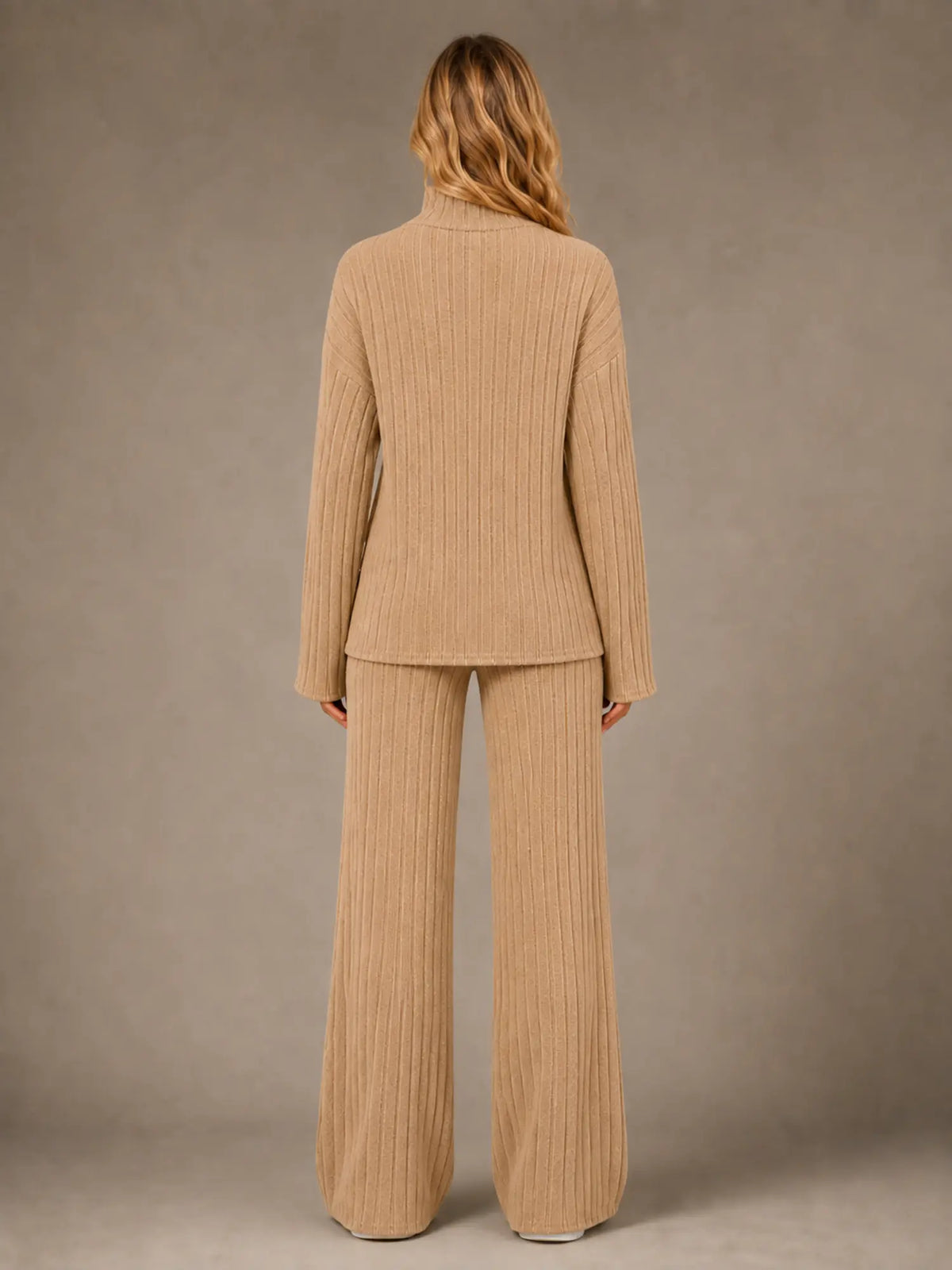 Women's Ribbed Lounge Set – Roll Neck & Wide Leg in Beige – Back view