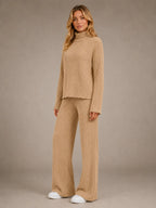 Women's Ribbed Lounge Set – Roll Neck & Wide Leg in Beige – Hover view