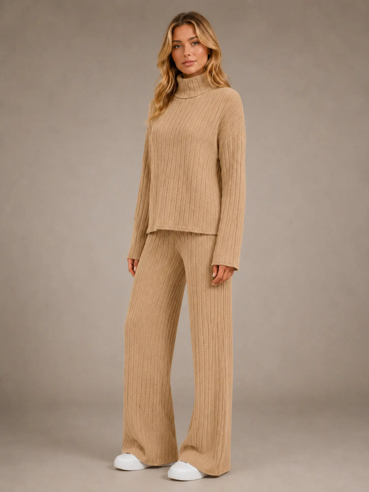 Women's Ribbed Lounge Set – Roll Neck & Wide Leg in Beige – Hover view