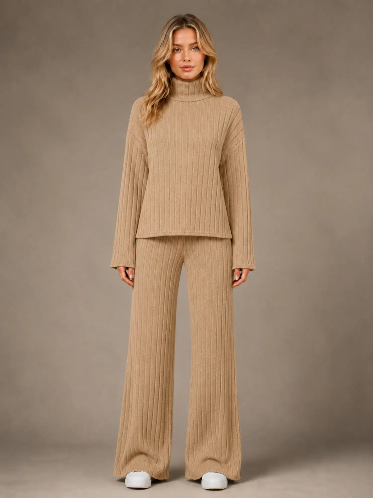 Women's Ribbed Lounge Set – Roll Neck & Wide Leg in Beige – Main view