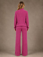 Women's Ribbed Lounge Set – Roll Neck & Wide Leg in Berry Pink – Back view