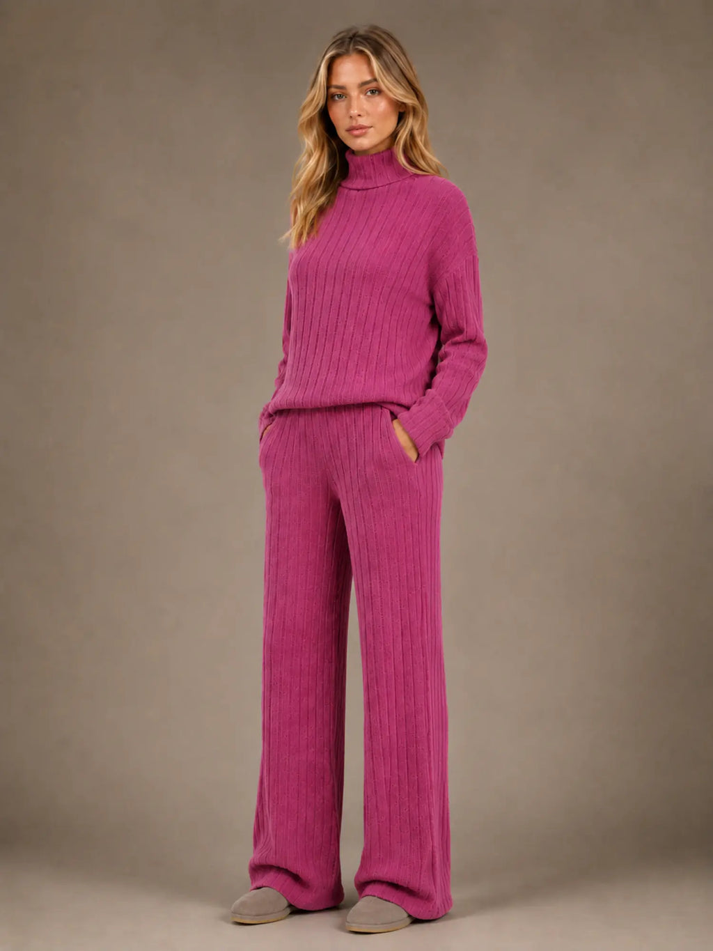 Women's Ribbed Lounge Set – Roll Neck & Wide Leg in Berry Pink – Hover view