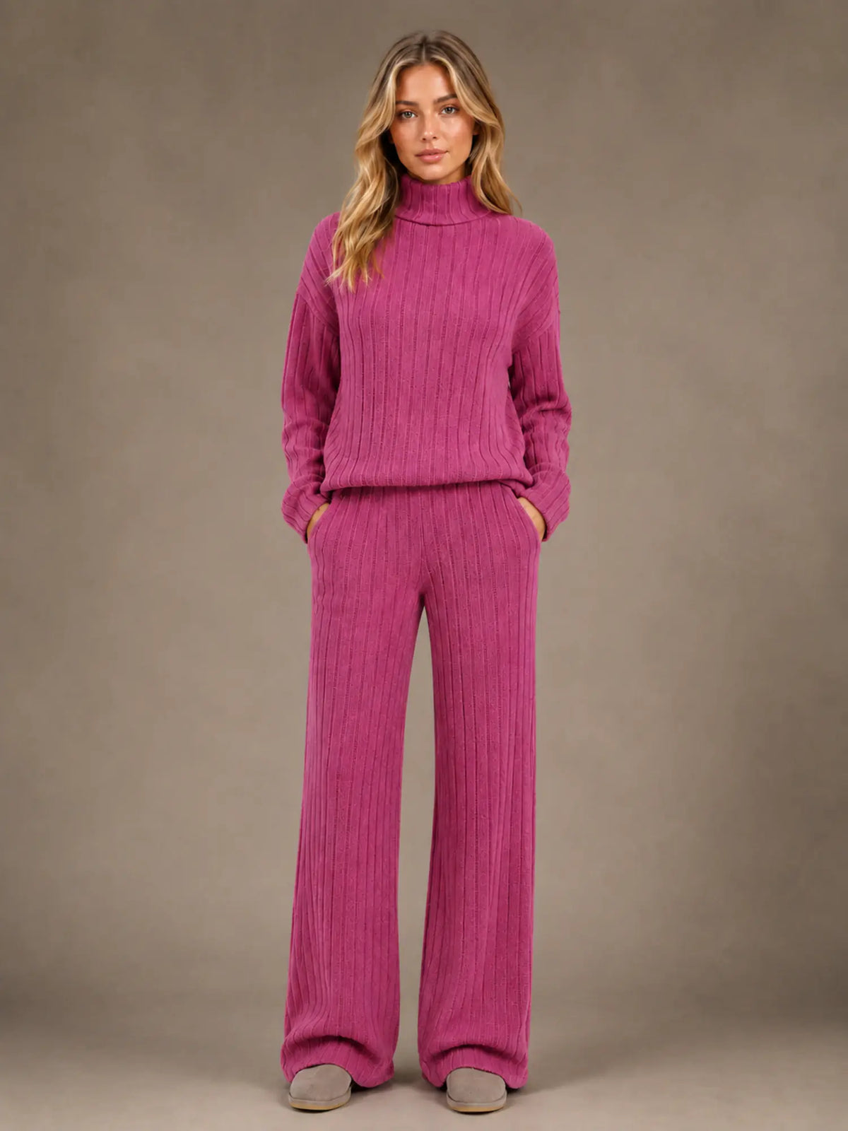 Women's Ribbed Lounge Set – Roll Neck & Wide Leg in Berry Pink – Main view