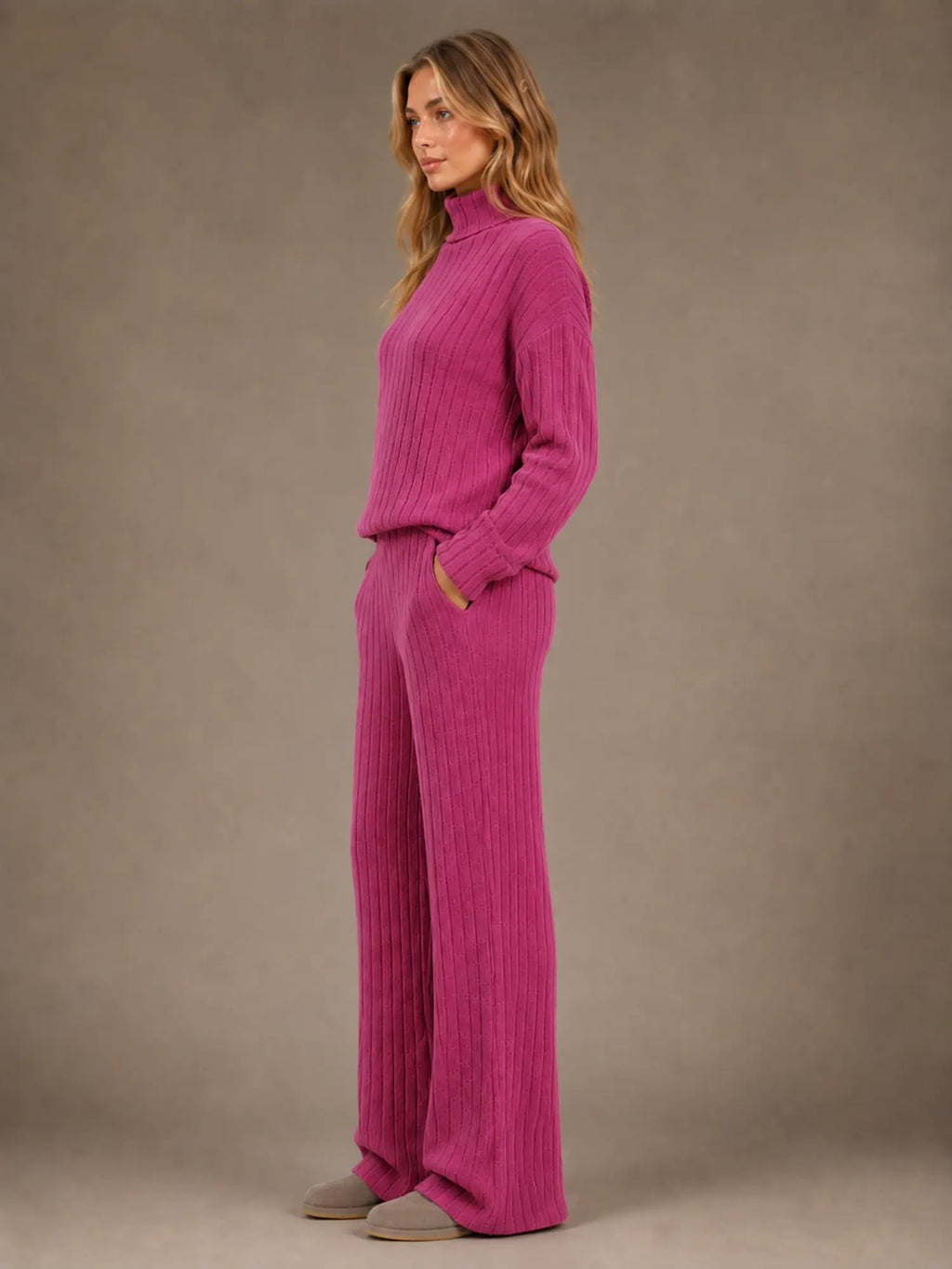 Women's Ribbed Lounge Set – Roll Neck & Wide Leg in Berry Pink – Side view