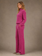 Women's Ribbed Lounge Set – Roll Neck & Wide Leg in Berry Pink – Side view