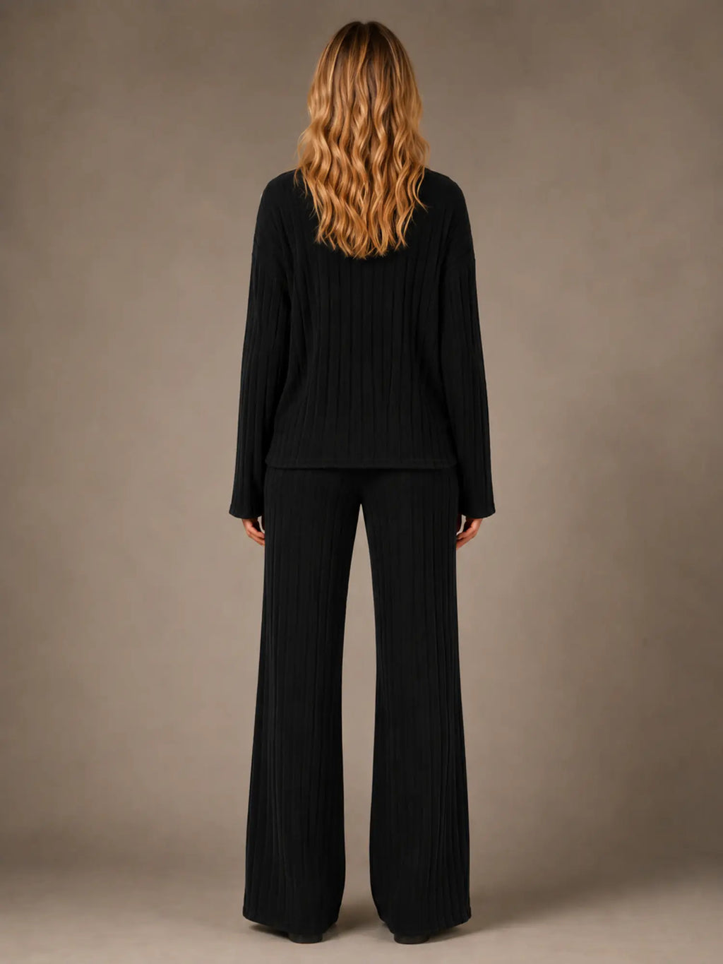 Women's Ribbed Lounge Set – Roll Neck & Wide Leg in Black – Back view