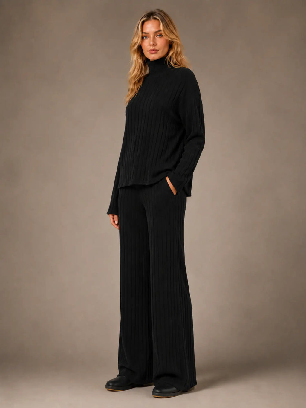 Women's Ribbed Lounge Set – Roll Neck & Wide Leg in Black – Hover view