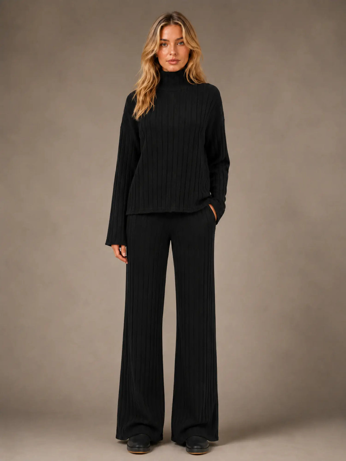 Women's Ribbed Lounge Set – Roll Neck & Wide Leg in Black – Main view