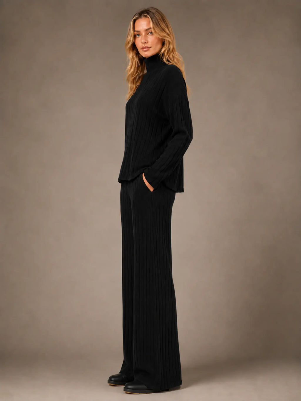 Women's Ribbed Lounge Set – Roll Neck & Wide Leg in Black – Side view