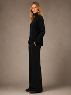 Women's Ribbed Lounge Set – Roll Neck & Wide Leg in Black – Side view