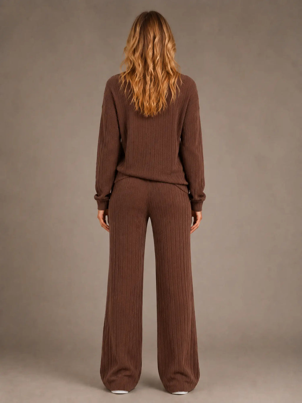 Women's Ribbed Lounge Set – Roll Neck & Wide Leg in Chocolate Brown – Back view