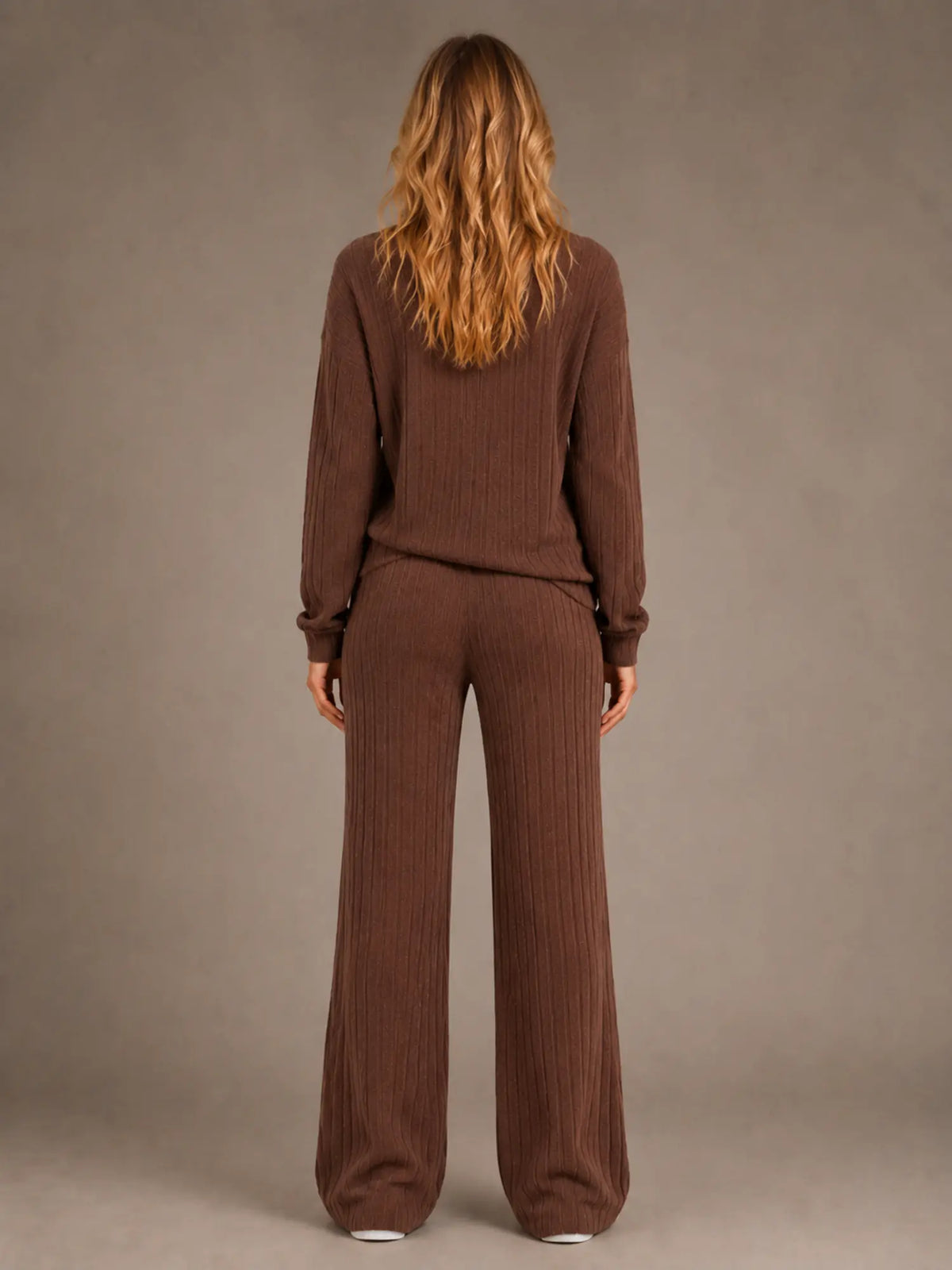 Women's Ribbed Lounge Set – Roll Neck & Wide Leg in Chocolate Brown – Back view