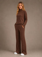 Women's Ribbed Lounge Set – Roll Neck & Wide Leg in Chocolate Brown – Hover view
