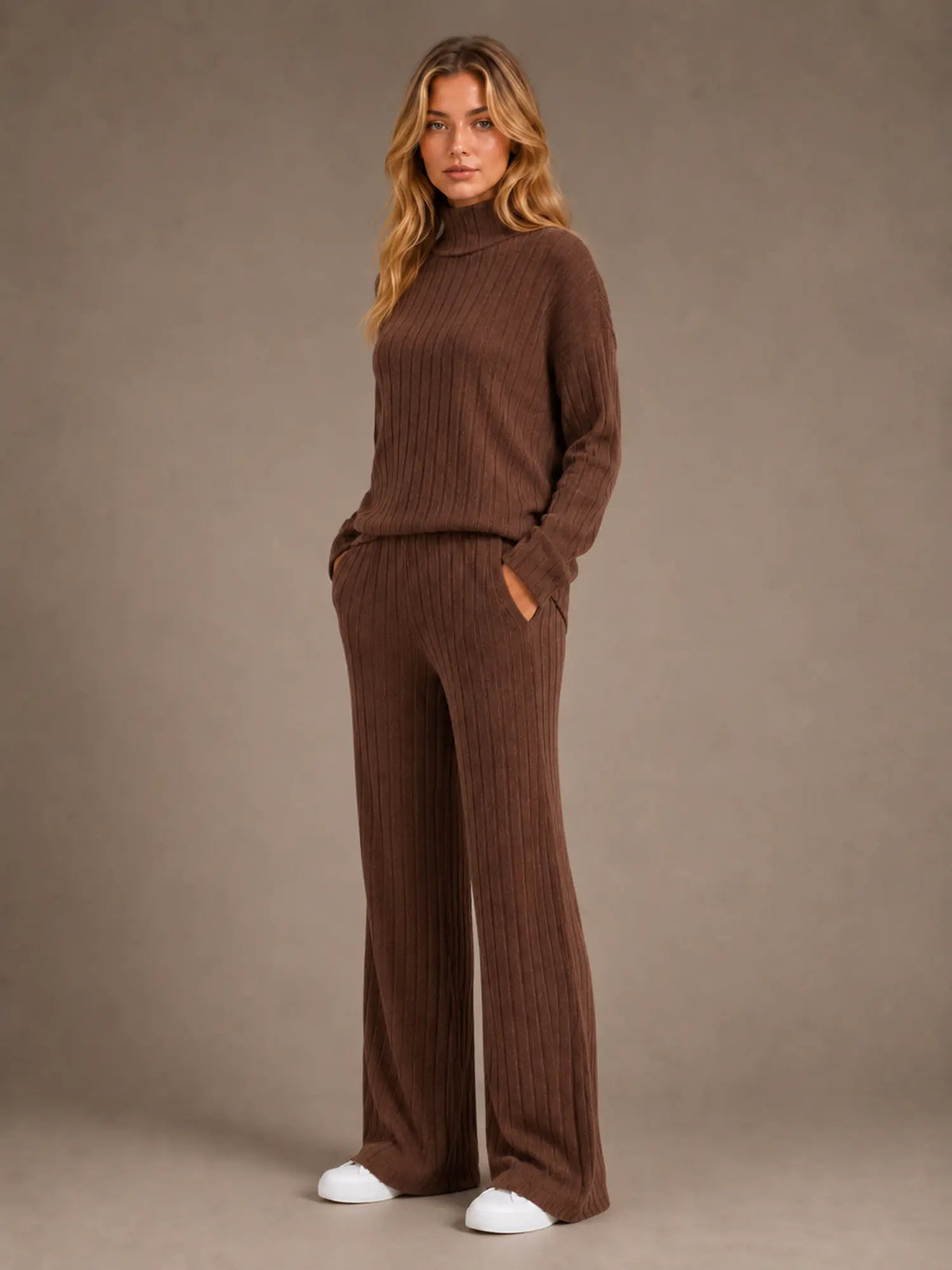 Women's Ribbed Lounge Set – Roll Neck & Wide Leg in Chocolate Brown – Hover view
