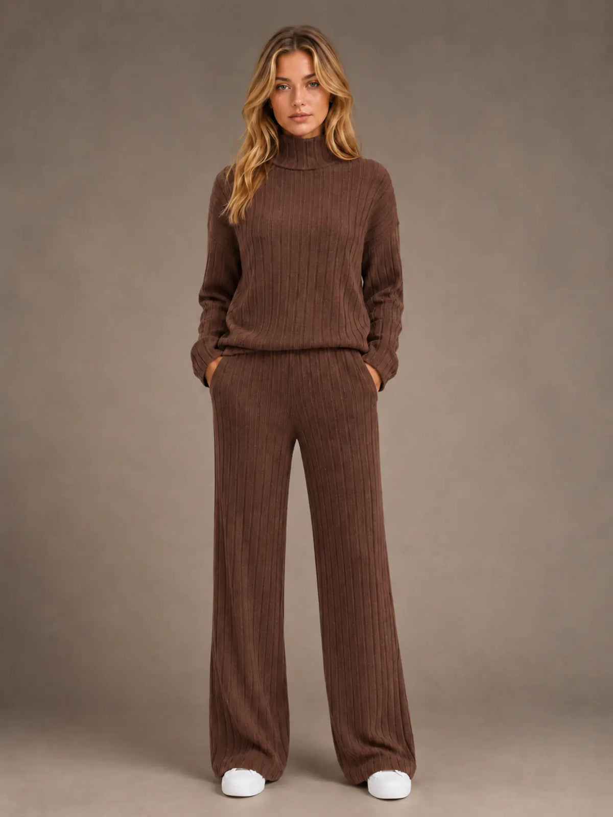 Women's Ribbed Lounge Set – Roll Neck & Wide Leg in Chocolate Brown – Main view
