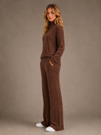 Women's Ribbed Lounge Set – Roll Neck & Wide Leg in Chocolate Brown – Side view