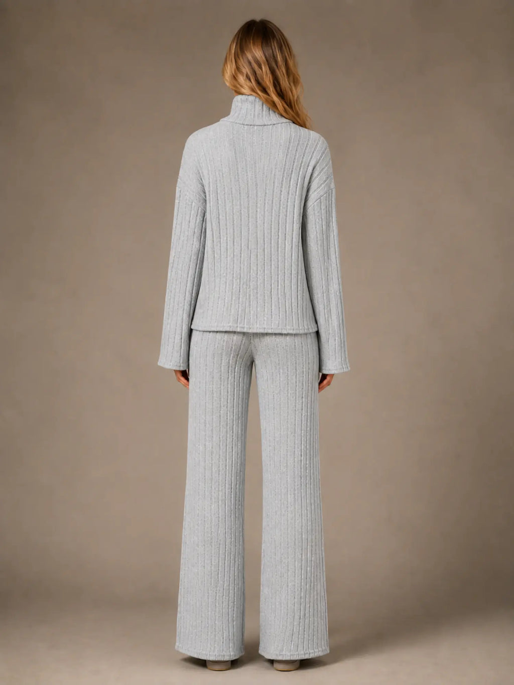 Women's Ribbed Lounge Set – Roll Neck & Wide Leg in Grey – Back view