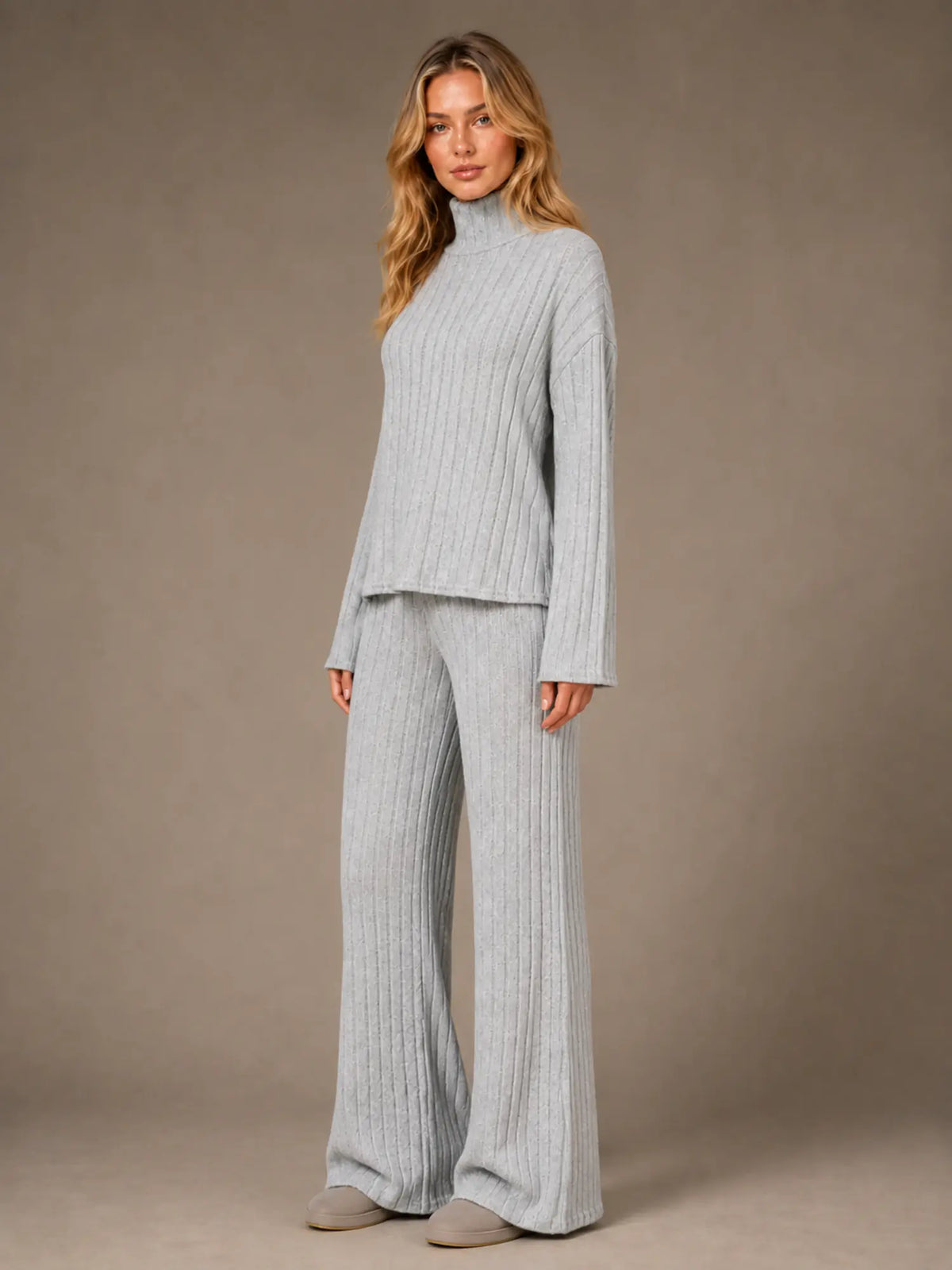 Women's Ribbed Lounge Set – Roll Neck & Wide Leg in Grey – Hover view