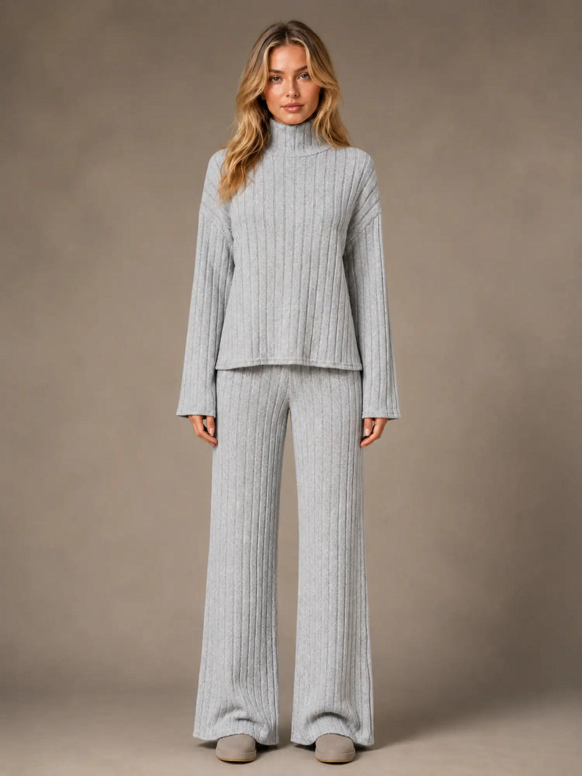 Women's Ribbed Lounge Set – Roll Neck & Wide Leg in Grey – Main view