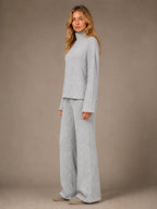 Women's Ribbed Lounge Set – Roll Neck & Wide Leg in Grey – Side view