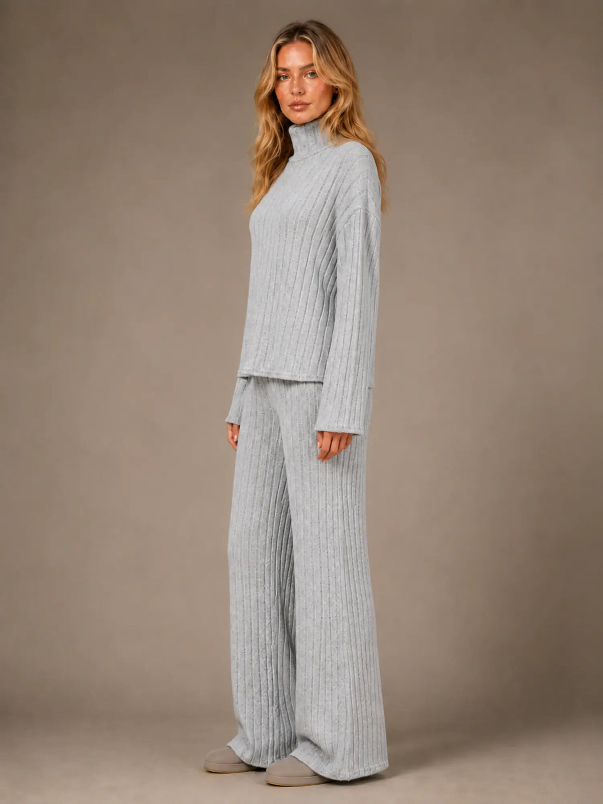 Women's Ribbed Lounge Set – Roll Neck & Wide Leg in Grey – Side view