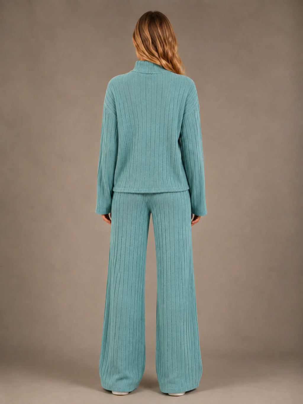 Women's Ribbed Lounge Set – Roll Neck & Wide Leg in Sage Green – Back view