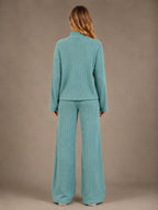 Women's Ribbed Lounge Set – Roll Neck & Wide Leg in Sage Green – Back view
