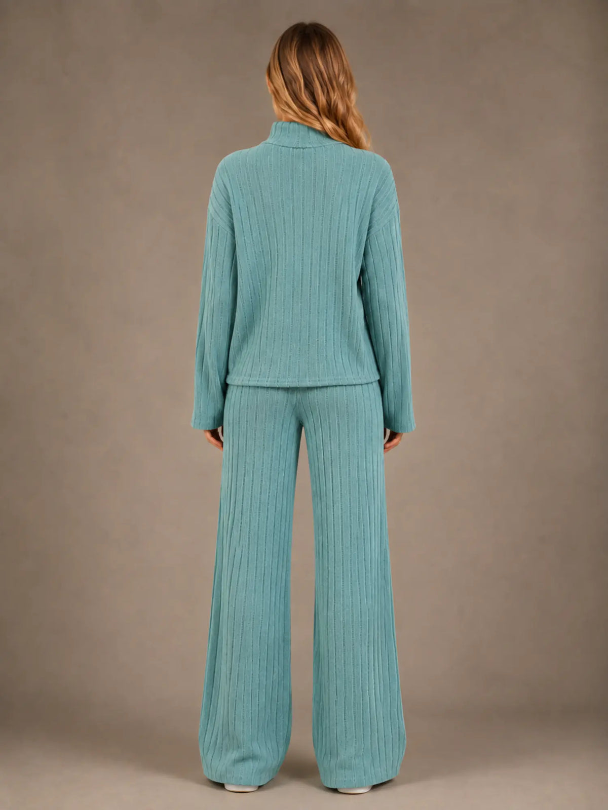 Women's Ribbed Lounge Set – Roll Neck & Wide Leg in Sage Green – Back view