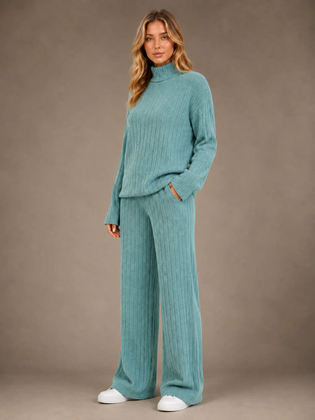 Women's Ribbed Lounge Set – Roll Neck & Wide Leg in Sage Green – Hover view