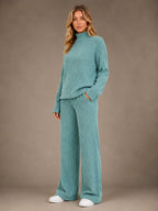 Women's Ribbed Lounge Set – Roll Neck & Wide Leg in Sage Green – Hover view