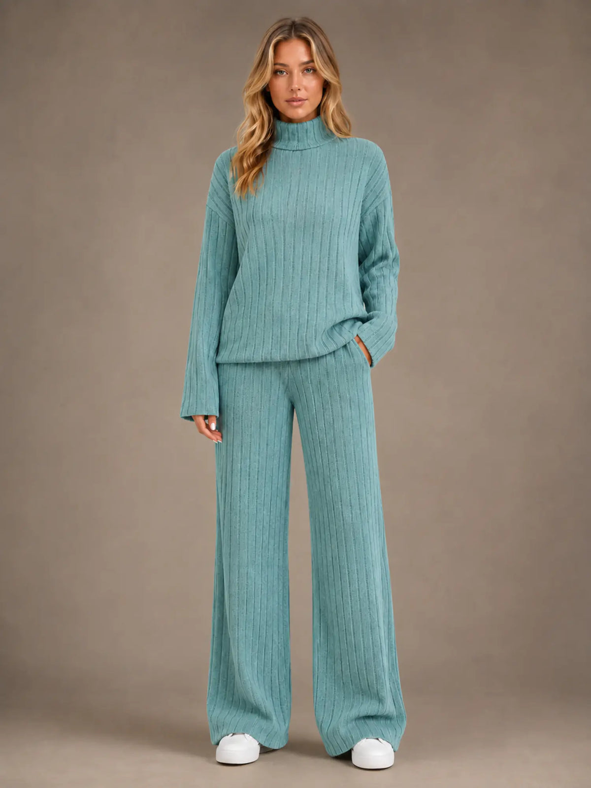 Women's Ribbed Lounge Set – Roll Neck & Wide Leg in Sage Green – Main view
