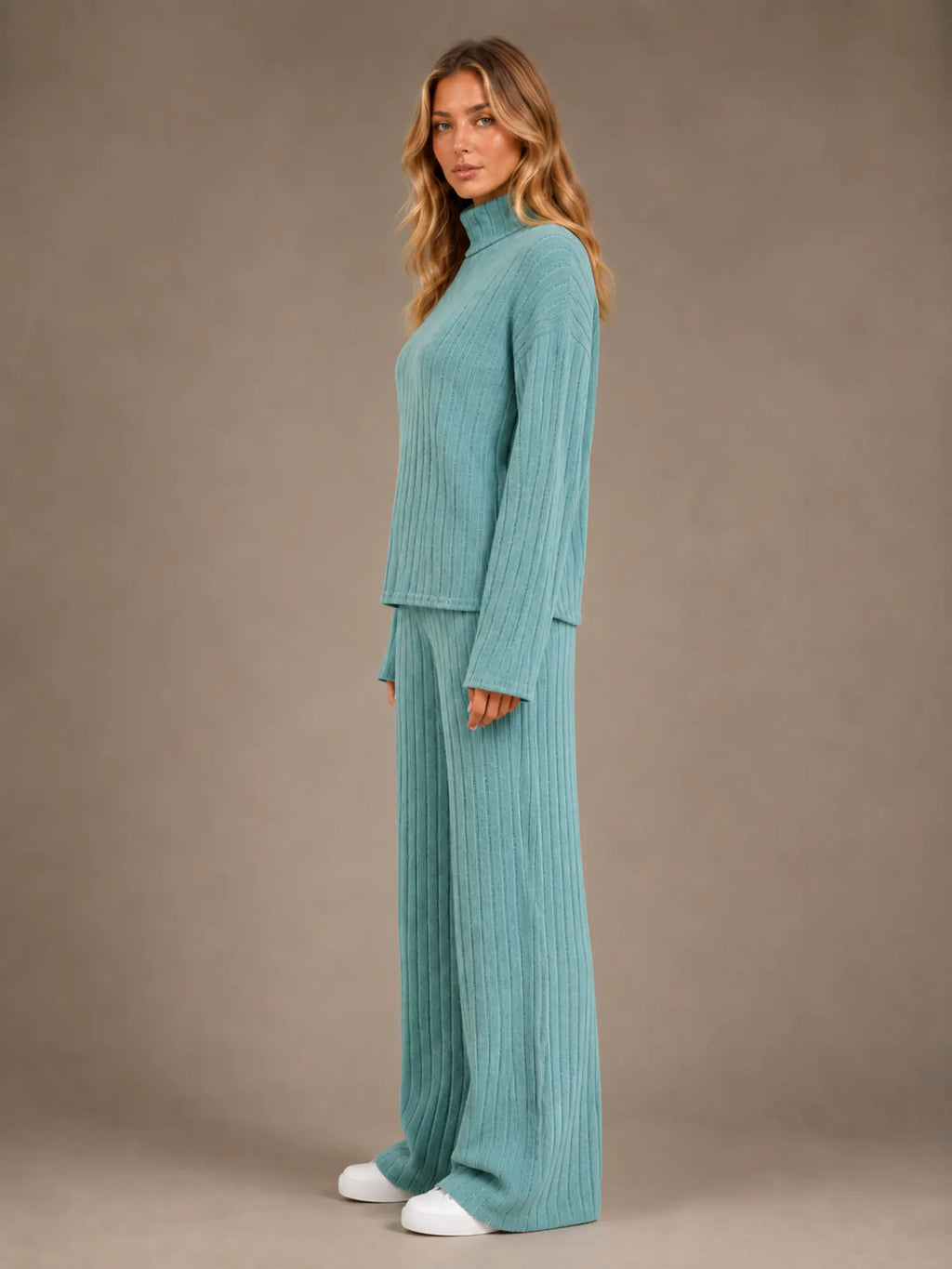 Women's Ribbed Lounge Set – Roll Neck & Wide Leg in Sage Green – Side view
