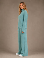 Women's Ribbed Lounge Set – Roll Neck & Wide Leg in Sage Green – Side view
