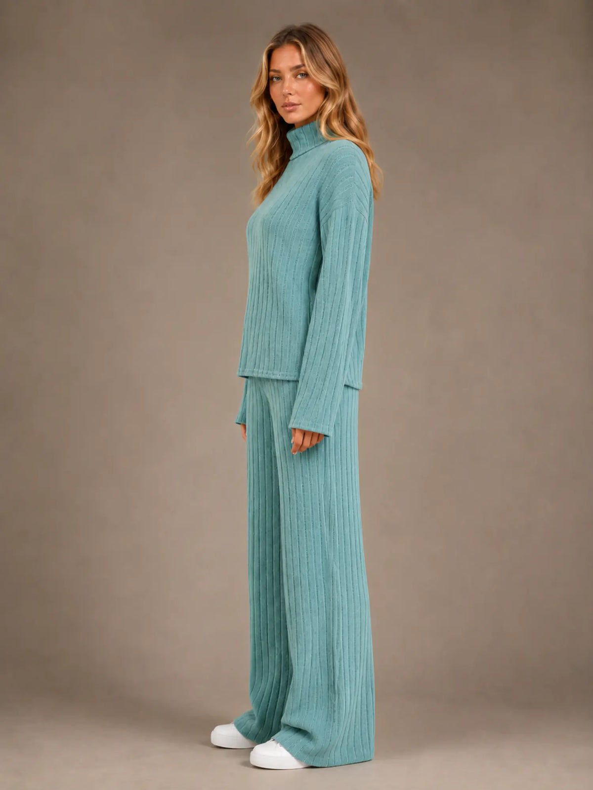 Women's Ribbed Lounge Set – Roll Neck & Wide Leg in Sage Green – Side view