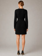 Women's Cable Knit Midi Dress – V-Neck Shirred Waist in Black – Back view