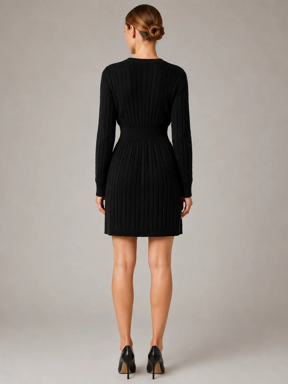 Women's Cable Knit Midi Dress – V-Neck Shirred Waist in Black – Back view