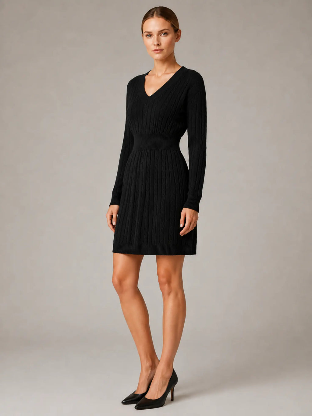 Women's Cable Knit Midi Dress – V-Neck Shirred Waist in Black – Hover view