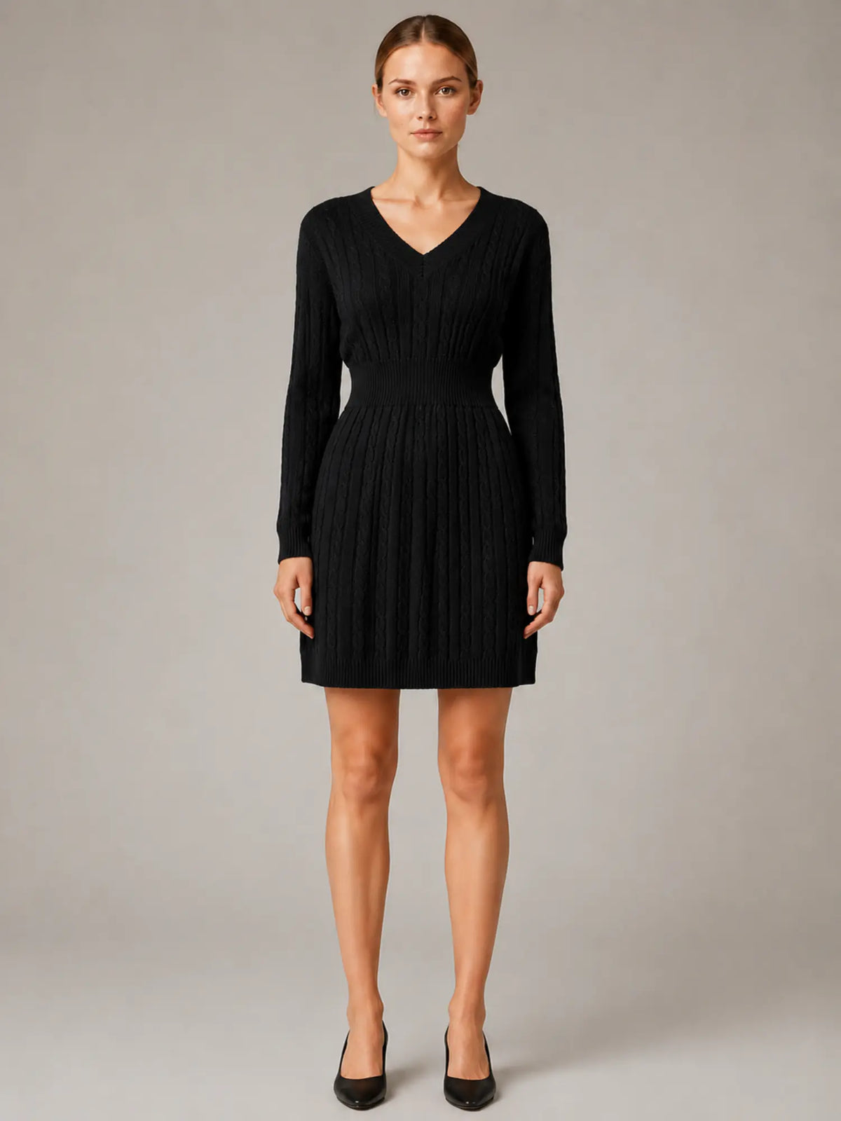 Women's Cable Knit Midi Dress – V-Neck Shirred Waist in Black – Main view