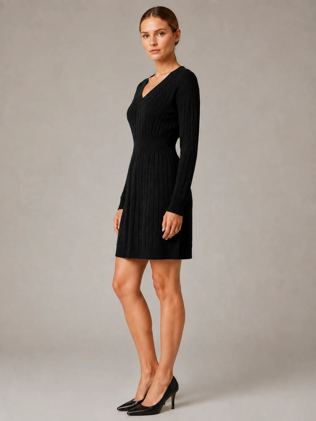 Women's Cable Knit Midi Dress – V-Neck Shirred Waist in Black – Side view