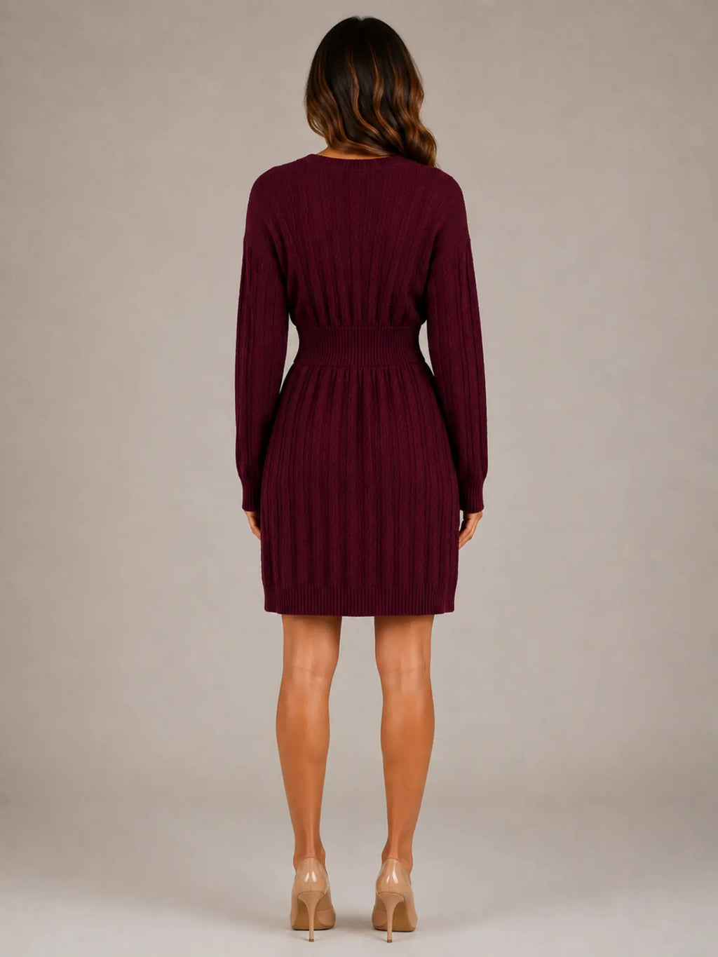 Women's Cable Knit Midi Dress – V-Neck Shirred Waist in Burgundy – Back view