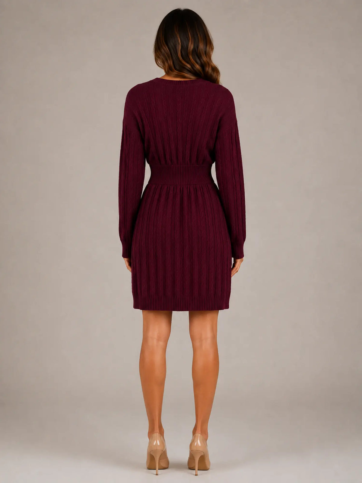 Women's Cable Knit Midi Dress – V-Neck Shirred Waist in Burgundy – Back view