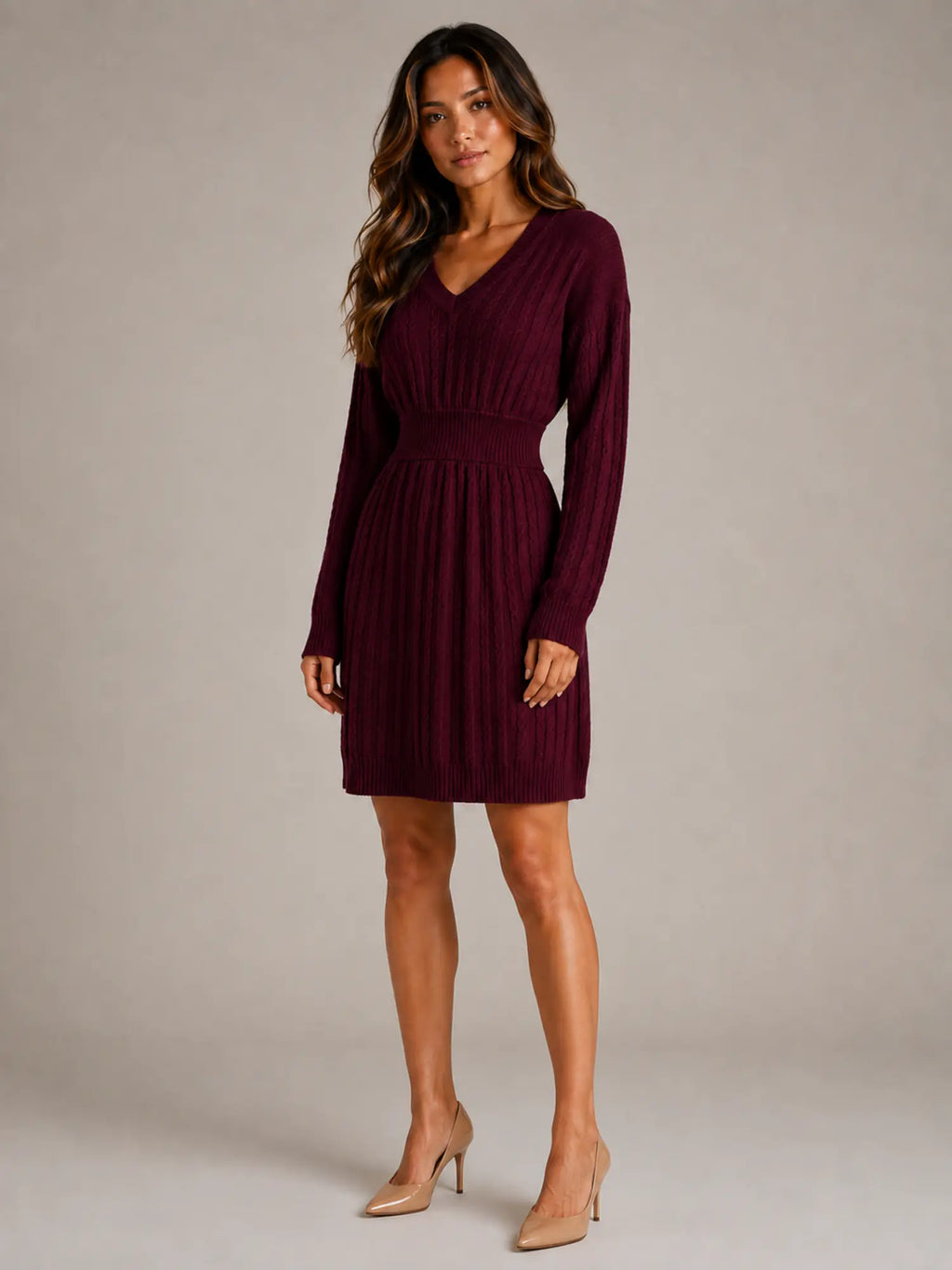 Women's Cable Knit Midi Dress – V-Neck Shirred Waist in Burgundy – Hover view