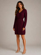 Women's Cable Knit Midi Dress – V-Neck Shirred Waist in Burgundy – Hover view