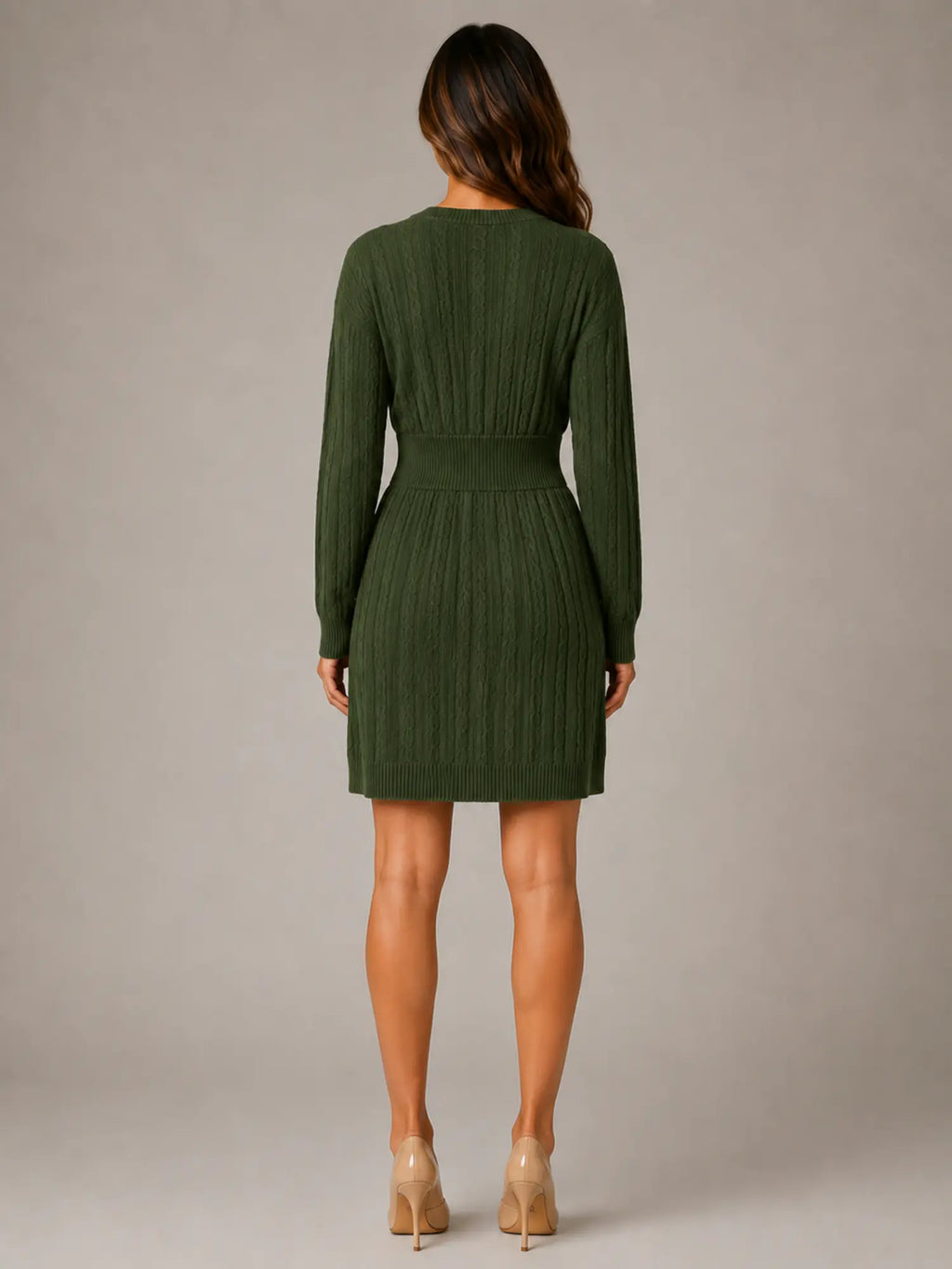 Women's Cable Knit Midi Dress – V-Neck Shirred Waist in Dark Green – Back view