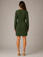 Women's Cable Knit Midi Dress – V-Neck Shirred Waist in Dark Green – Back view